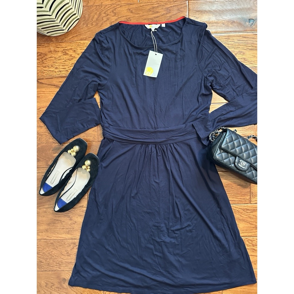 NWT Boden Navy Blue Viscose Long Sleeve Ruched Waist Dress With Pockets US 10R